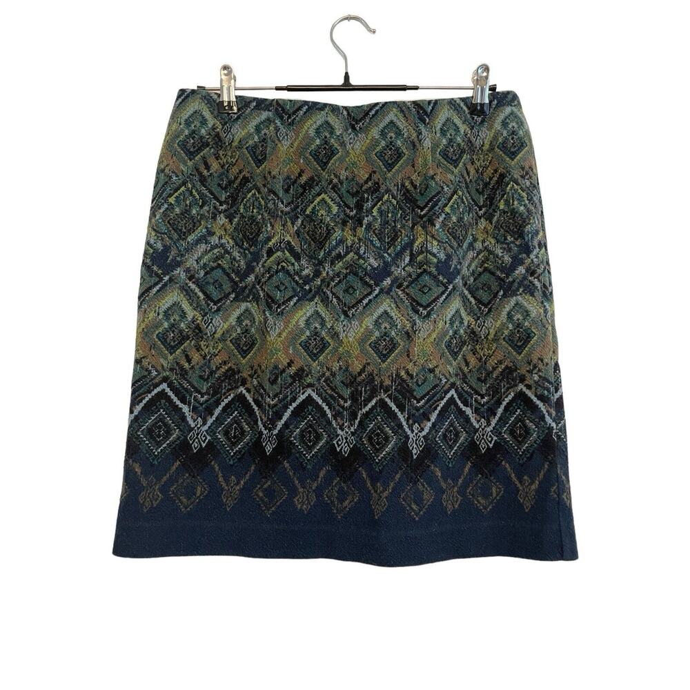 J. Jill Pencil Straight Skirt Size Medium Pullon Tribal Stretch Blue Green Work‎